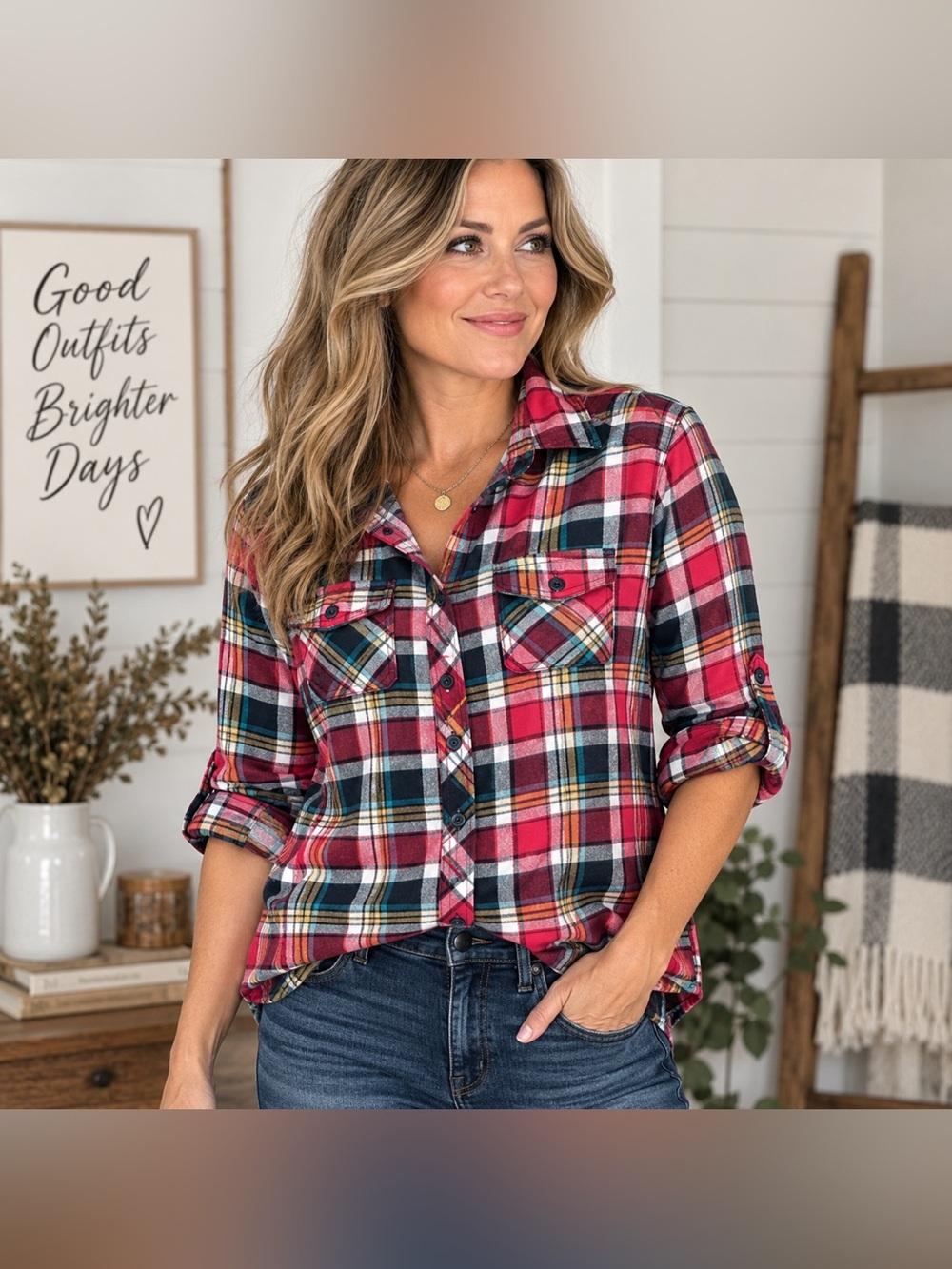 Passport Plaid Flannel Shirt Women M Red Pink Roll Tab Button Down